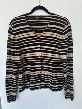 Cable & Gauge Cardigan Size L Black Tan Striped V-Neck Button Down Sweater
